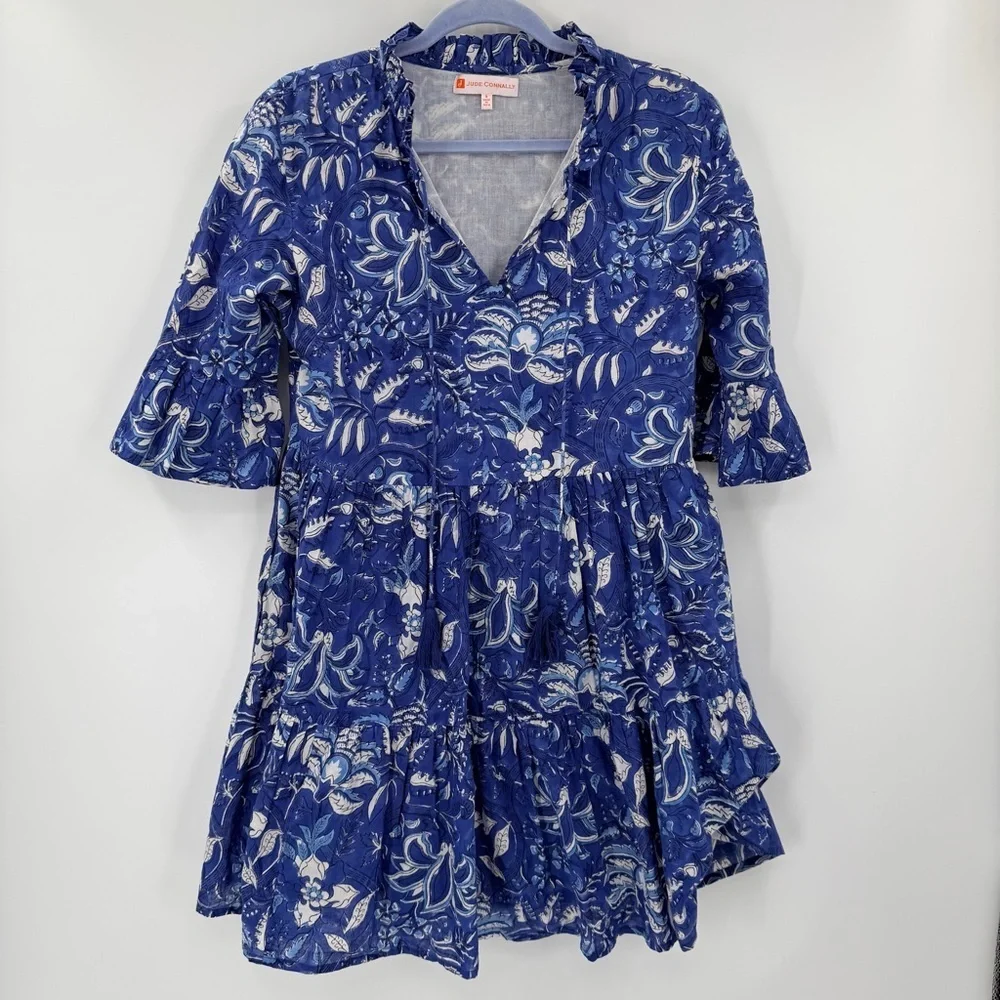 Jude Connally Blue Print Cotton Tierred Boho Dress Small